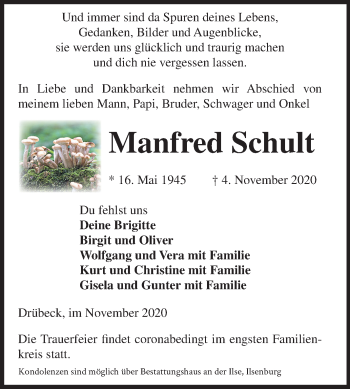 Traueranzeige von Manfred Schult von Super Sonntag Quedlinburg