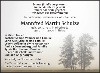 Traueranzeige von Mannfred Martin Schulze von Wochenspiegel Naumburg/Nebra