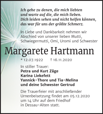 Traueranzeige von Margarete Hartmann von Super Sonntag Dessau-Roßlau