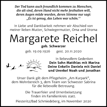 Traueranzeige von Margarete Reichel von Mitteldeutsche Zeitung Wittenberg
