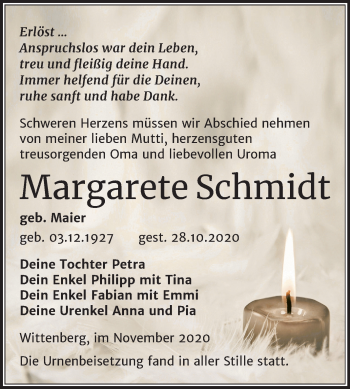 Traueranzeige von Margarete Schmidt von Mitteldeutsche Zeitung Wittenberg