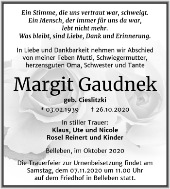 Traueranzeige von Margit Gaudnek von Wochenspiegel Bernburg