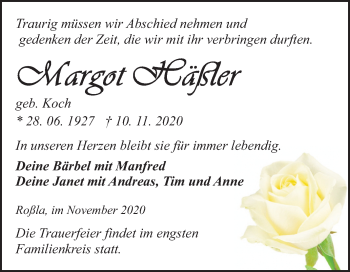Traueranzeige von Margot Hßler von Mitteldeutsche Zeitung Sangerhausen