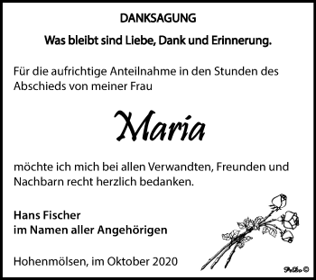 Traueranzeige von Maria Fischer von Wochenspiegel Weißenfels