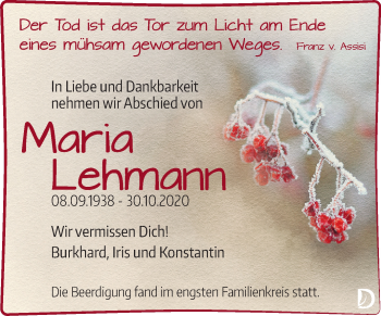 Traueranzeige von Maria Lehmann von Mitteldeutsche Zeitung Merseburg/Querfurt