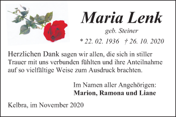 Traueranzeige von Maria Lenk von Super Sonntag Sangerhausen