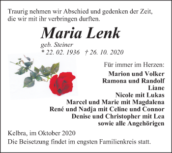 Traueranzeige von Maria Lenk von Mitteldeutsche Zeitung Sangerhausen