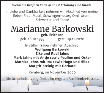 Traueranzeige von Marianne Barkowski von Mitteldeutsche Zeitung Wittenberg