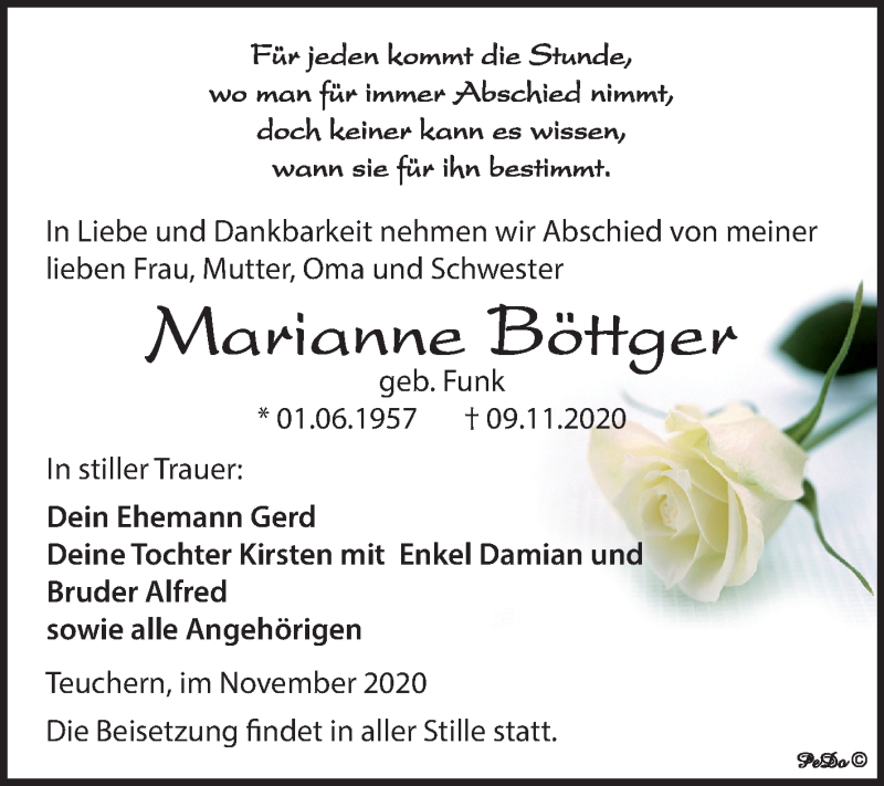  Traueranzeige für Marianne Böttger vom 21.11.2020 aus Mitteldeutsche Zeitung Weißenfels