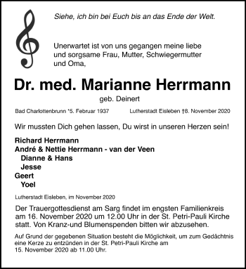 Traueranzeige von Marianne Herrmann von Mitteldeutsche Zeitung Mansfelder Land