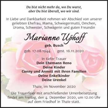Traueranzeige von Marianne Uphoff von Mitteldeutsche Zeitung Quedlinburg