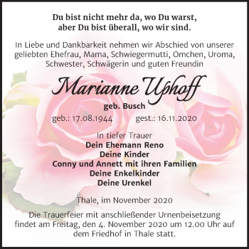 Traueranzeige von Marianne Uphoff von Mitteldeutsche Zeitung Quedlinburg