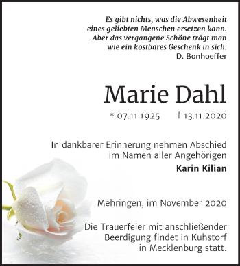 Traueranzeige von Marie Dahl von Super Sonntag Aschersleben