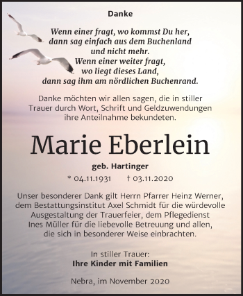 Traueranzeige von Marie Eberlein von Mitteldeutsche Zeitung Naumburg/Nebra