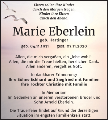 Traueranzeige von Marie Eberlein von Mitteldeutsche Zeitung Naumburg/Nebra