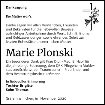 Traueranzeige von Marie Plonski von Super Sonntag Wittenberg