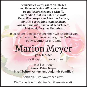 Traueranzeige von Marion Meyer von Mitteldeutsche Zeitung Merseburg/Querfurt
