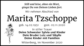Traueranzeige von Marita Tzschoppe von Mitteldeutsche Zeitung Wittenberg