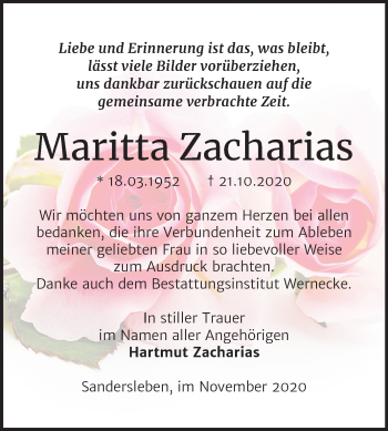 Traueranzeige von Maritta Zacharias von Super Sonntag Mansfelder Land