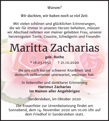 Traueranzeige von Maritta Zacharias von Mitteldeutsche Zeitung Mansfelder Land