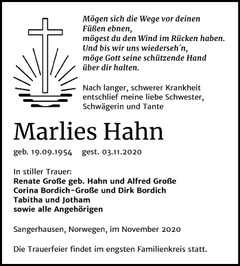Traueranzeige von Marlies Hahn von Super Sonntag Sangerhausen