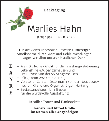 Traueranzeige von Marlies Hahn von Super Sonntag Sangerhausen
