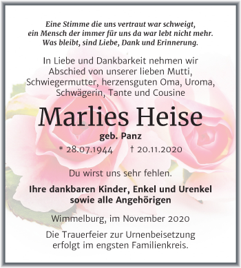 Traueranzeige von Marlies Heise von Mitteldeutsche Zeitung Mansfelder Land