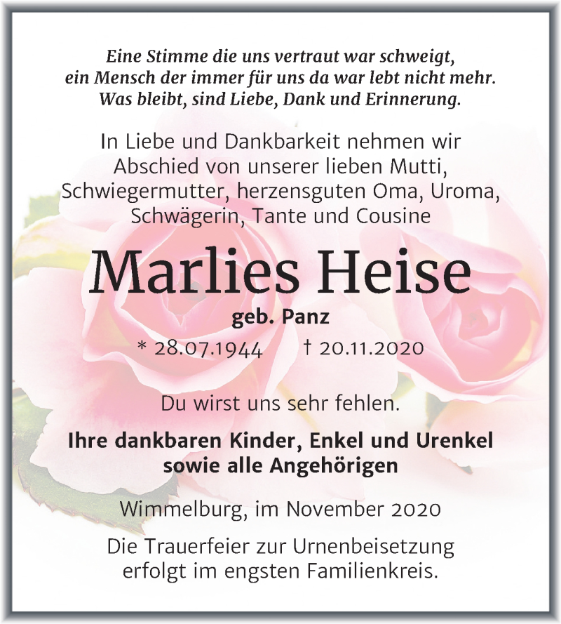  Traueranzeige für Marlies Heise vom 25.11.2020 aus Mitteldeutsche Zeitung Mansfelder Land