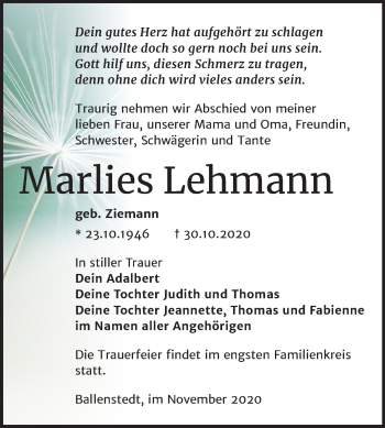 Traueranzeige von Marlies Lehmann von Mitteldeutsche Zeitung Quedlinburg