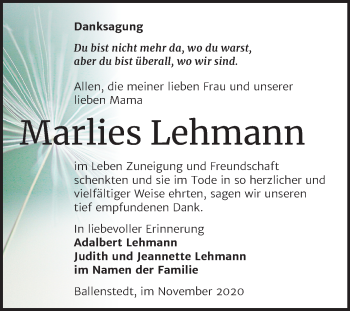 Traueranzeige von Marlies Lehmann von Mitteldeutsche Zeitung Quedlinburg
