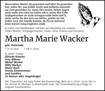 Traueranzeige von Martha Marie Wacker von Mitteldeutsche Zeitung Bitterfeld / Halle/Saalkreis