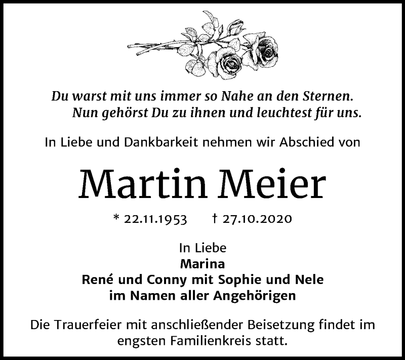  Traueranzeige für Martin Meier vom 07.11.2020 aus Super Sonntag Dessau-Roßlau