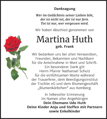 Traueranzeige von Martina Huth von Super Sonntag Wittenberg