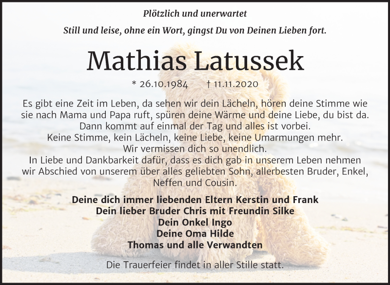  Traueranzeige für Mathias Latussek vom 21.11.2020 aus Mitteldeutsche Zeitung Köthen