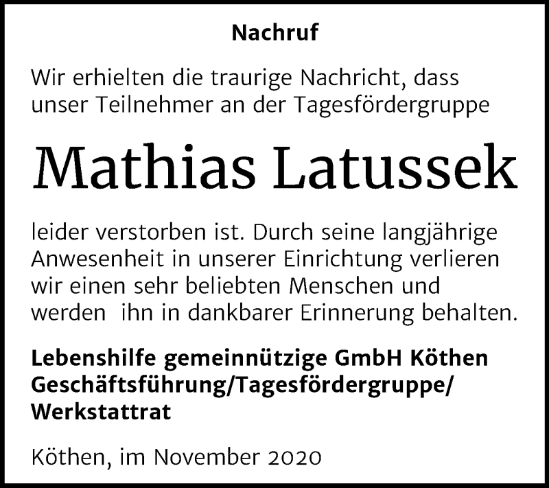  Traueranzeige für Mathias Latussek vom 28.11.2020 aus Mitteldeutsche Zeitung Köthen