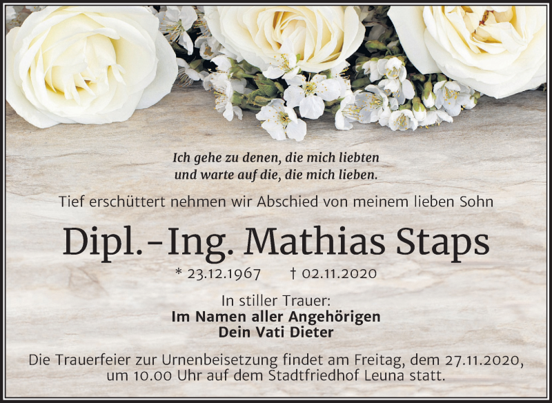  Traueranzeige für Mathias Staps vom 14.11.2020 aus Super Sonntag Merseburg/Querfurt