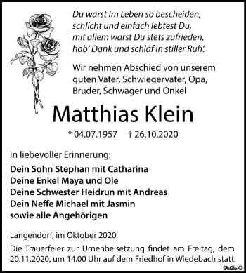 Traueranzeige von Matthias Klein von Wochenspiegel Weißenfels