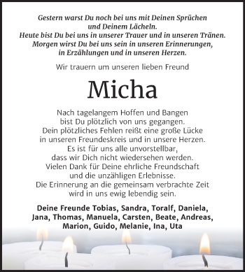 Traueranzeige von Micha  von Mitteldeutsche Zeitung Wittenberg