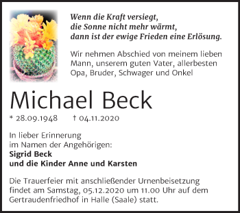 Traueranzeige von Michael Beck von Mitteldeutsche Zeitung Halle/Saalkreis