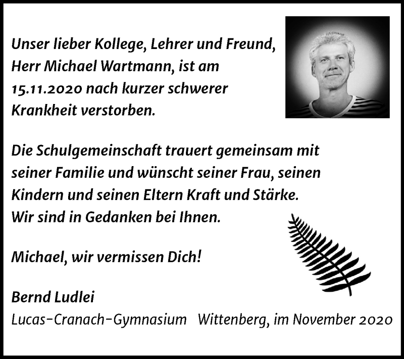 Traueranzeige für Michael Wartmann vom 21.11.2020 aus Mitteldeutsche Zeitung Wittenberg