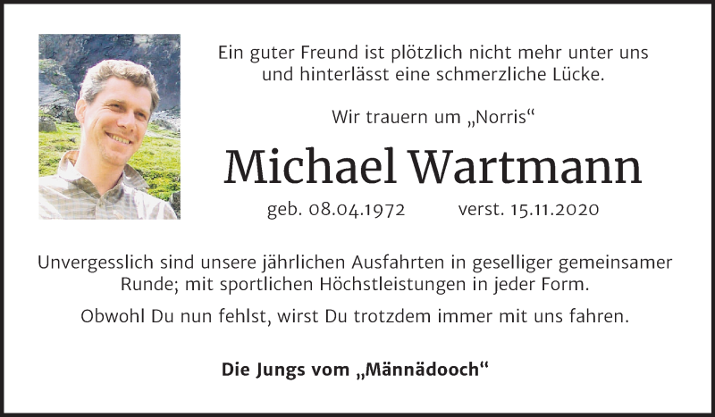  Traueranzeige für Michael Wartmann vom 28.11.2020 aus Mitteldeutsche Zeitung Wittenberg