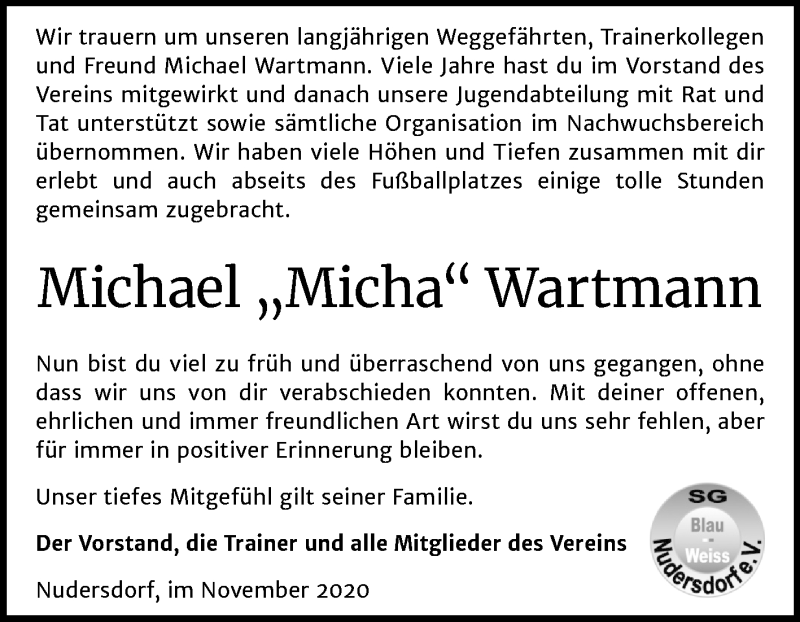  Traueranzeige für Michael Wartmann vom 28.11.2020 aus Super Sonntag Wittenberg