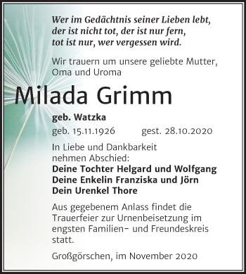 Traueranzeige von Milada Grimm von Mitteldeutsche Zeitung Weißenfels