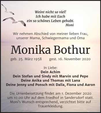 Traueranzeige von Monika Bothur von Wochenspiegel Bitterfeld