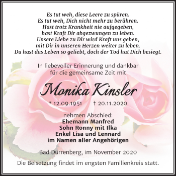 Traueranzeige von Monika Kinsler von Super Sonntag Merseburg/Querfurt