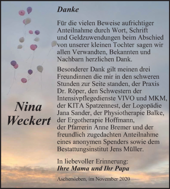 Traueranzeige von Nina Weckert von Super Sonntag Aschersleben