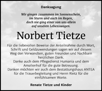 Traueranzeige von Norbert Tietze von Super Sonntag Dessau-Roßlau