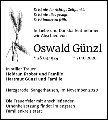 Traueranzeige von Oswald Günzl von Super Sonntag Sangerhausen