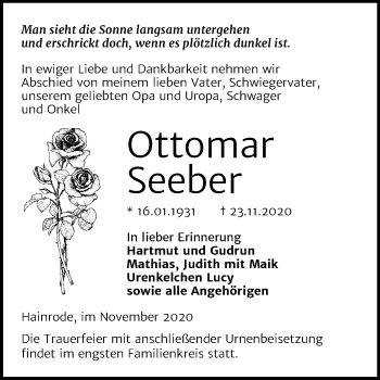 Traueranzeige von Ottomar Seeber von Mitteldeutsche Zeitung Sangerhausen