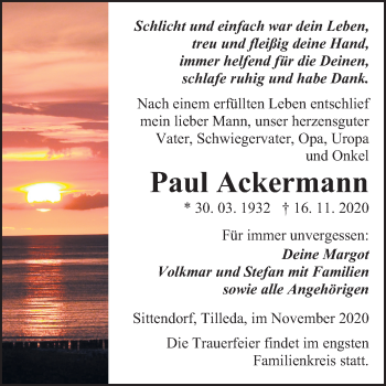 Traueranzeige von Paul Ackermann von Mitteldeutsche Zeitung Sangerhausen